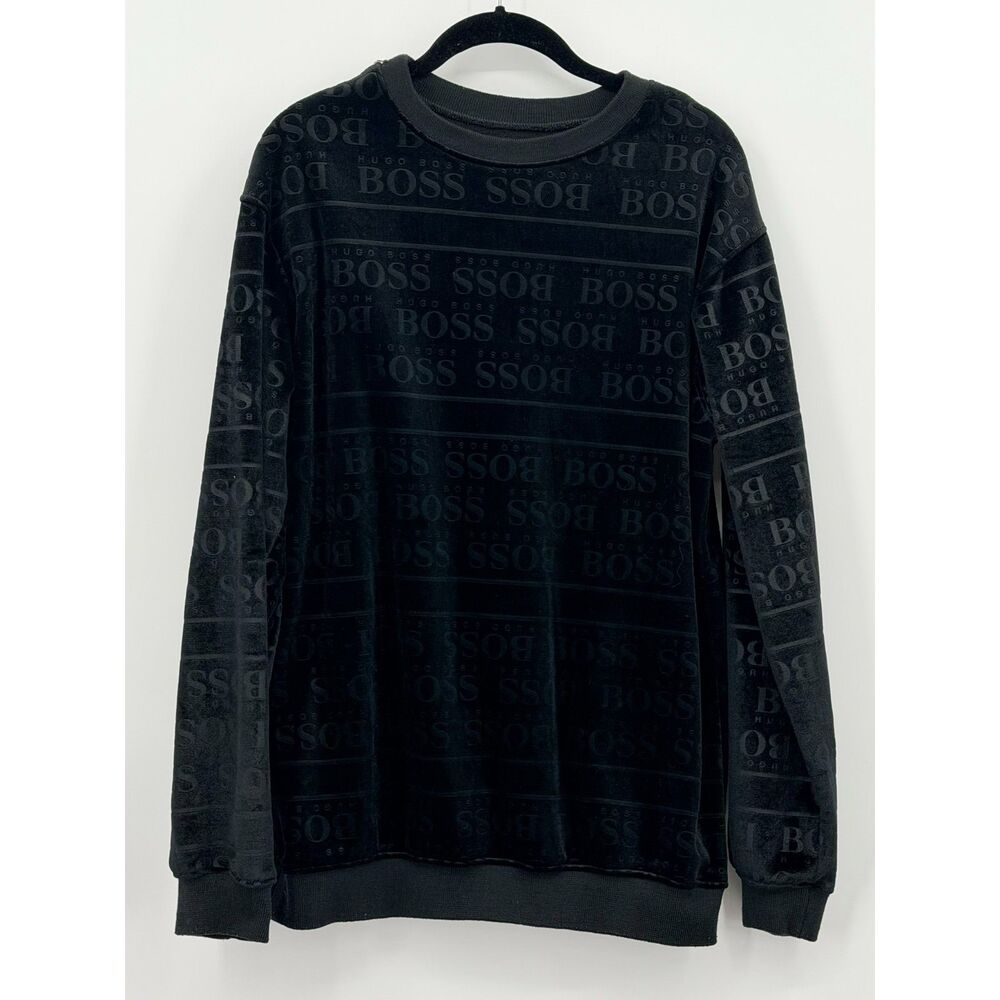 HUGO BOSS Mens Black Velour Allover Logo Medium Crewneck Long Sleeve Sweatshirt